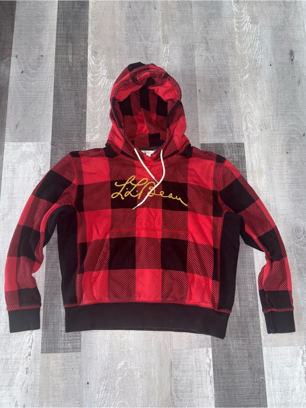 ❤️🖤L.L. Bean Red and Black Buffalo Plaid Hoodie with Yellow L.L. Bean Logo